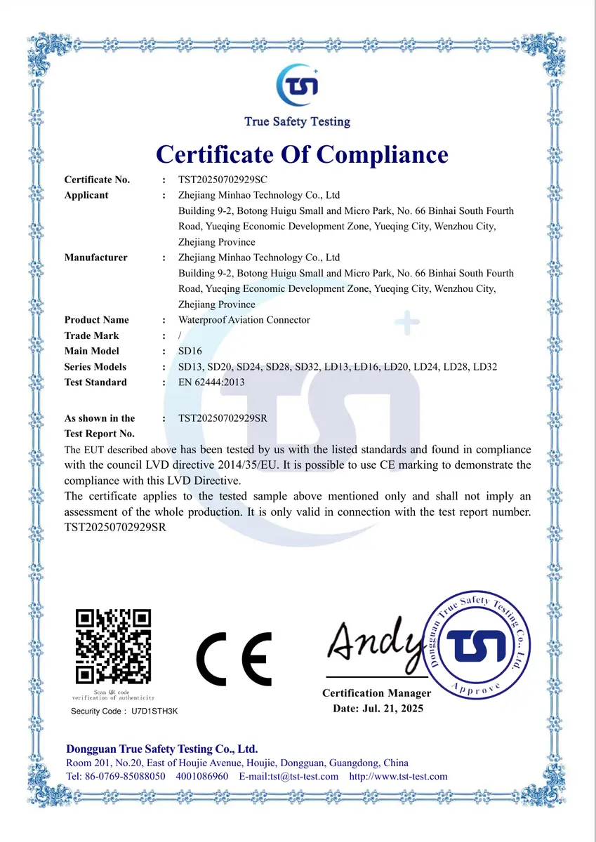 Waterproof aviation connector CE record preview