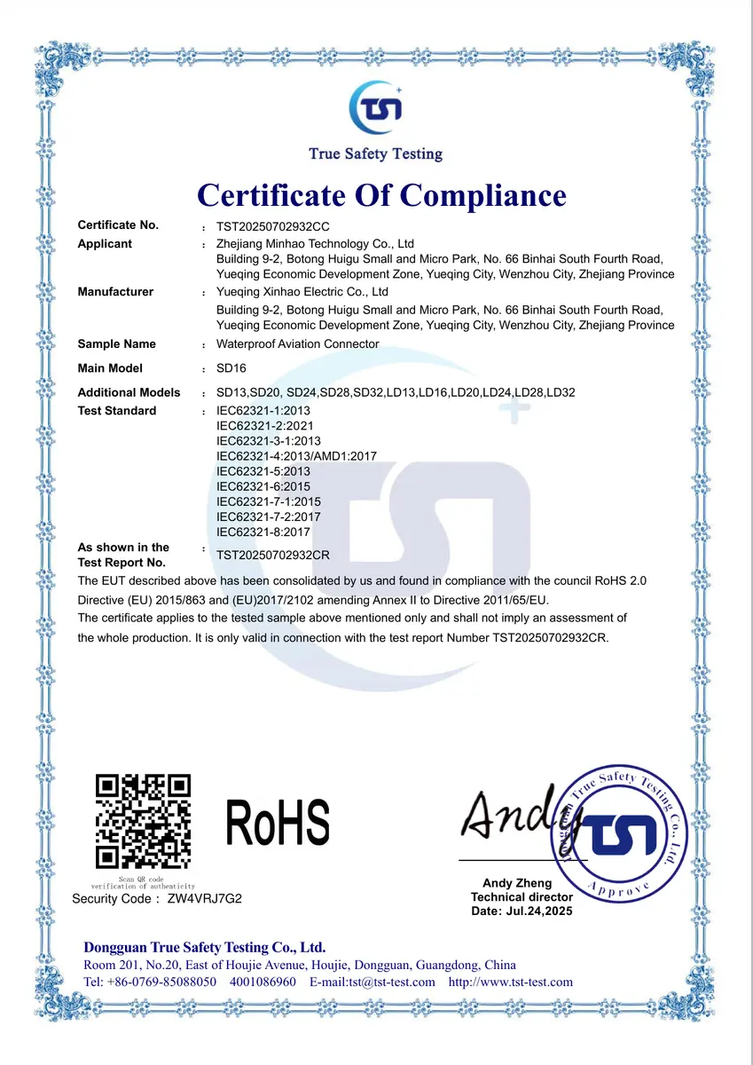 Waterproof aviation connector RoHS record preview