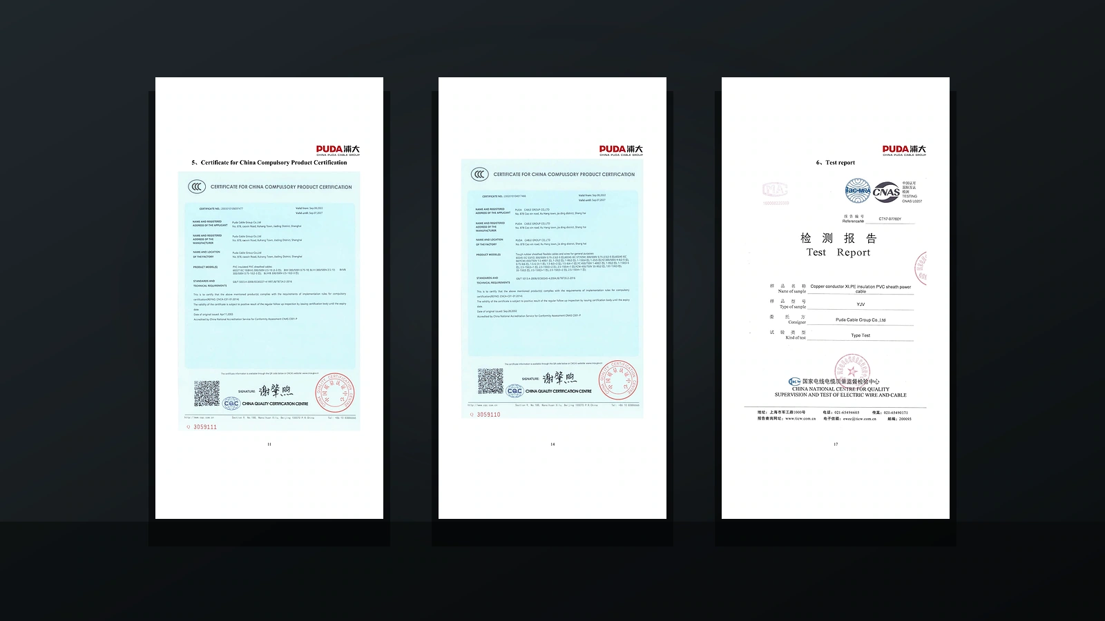 Submitted cable compliance and inspection documents presented in a uniform frame