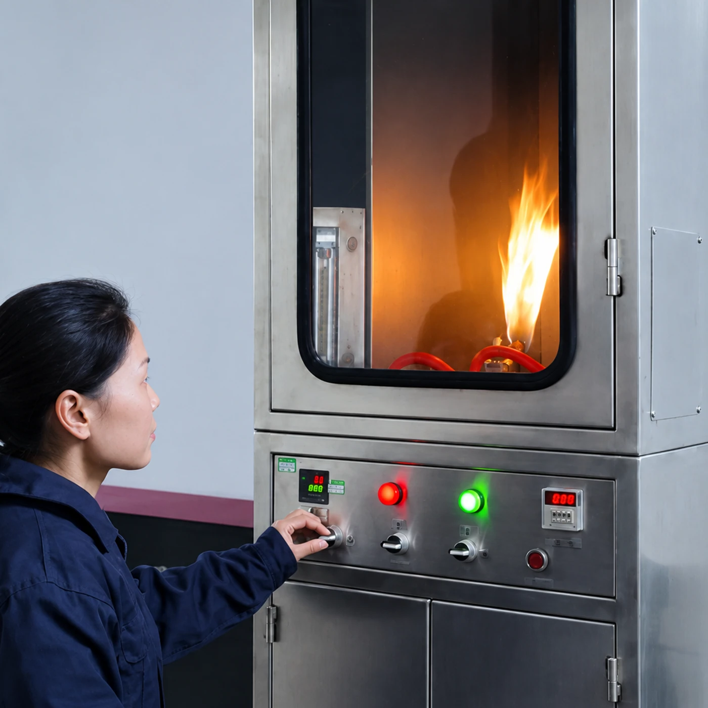 Submitted flame-test equipment operating on a cable sample