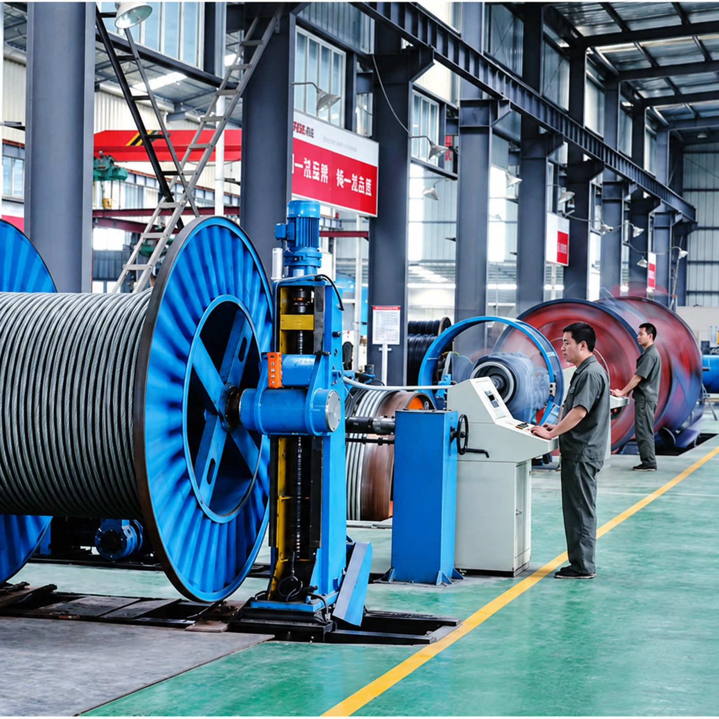 Submitted cable production line with reel handling and processing equipment